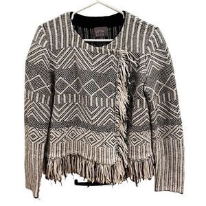 Anthropologie Leo & Sage Womens Sweater L Fringe Architecture Woven Blanket